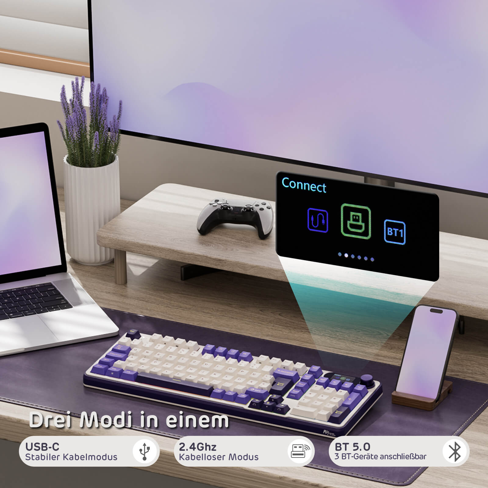 RK ROYAL KLUDGE S98 Mechanische Tastatur mit Smart Display & Knopf, Top Mount 96% Kabellose Mechanische Tastatur BT/2.4G/USB-C, Hot-Swap-fähige, Software-Unterstützung, Massiver Akku, 98 Tasten