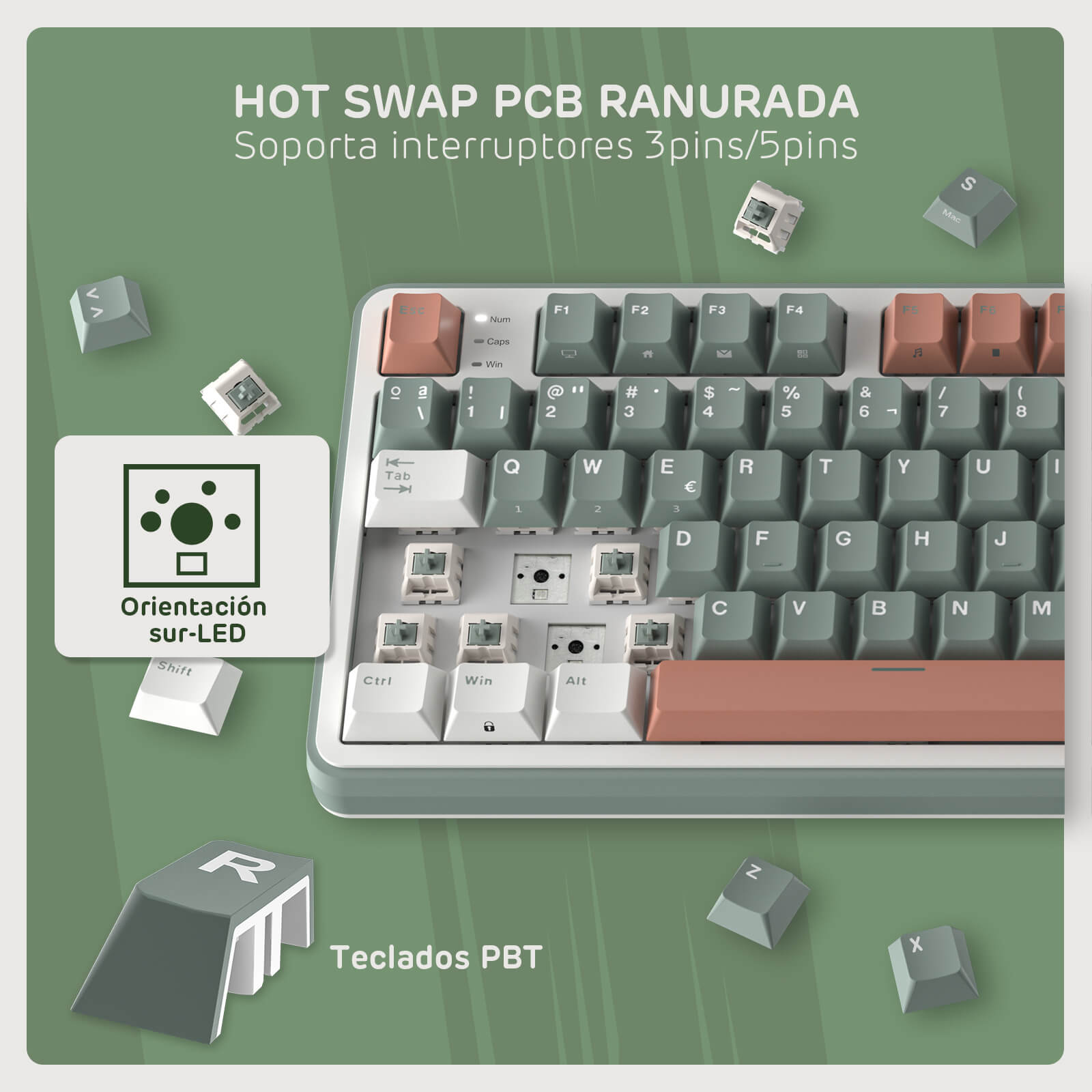 RK ROYAL KLUDGE S98 ES Mechanical keyboard with hot swap PCB on a green background