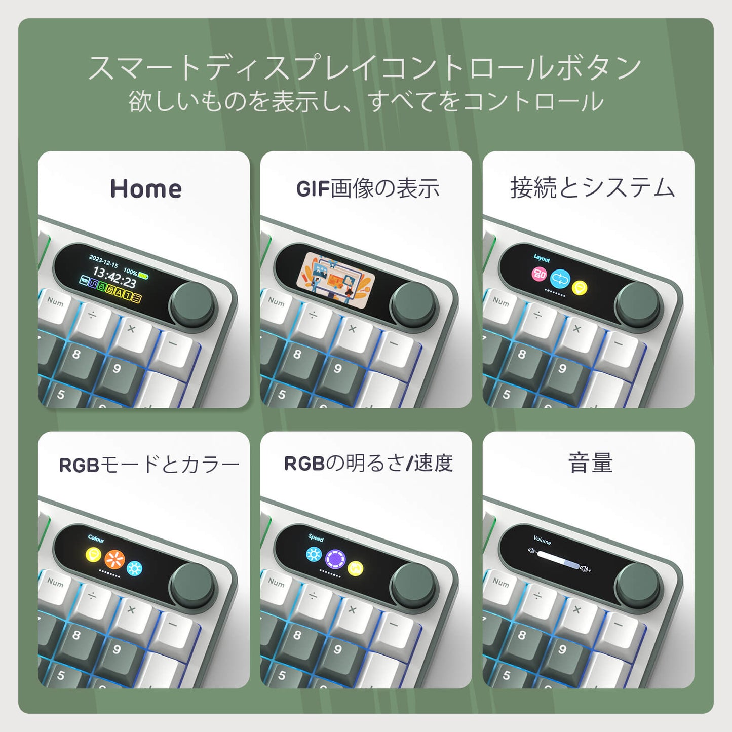 Smart display control button with various functions on a green background
