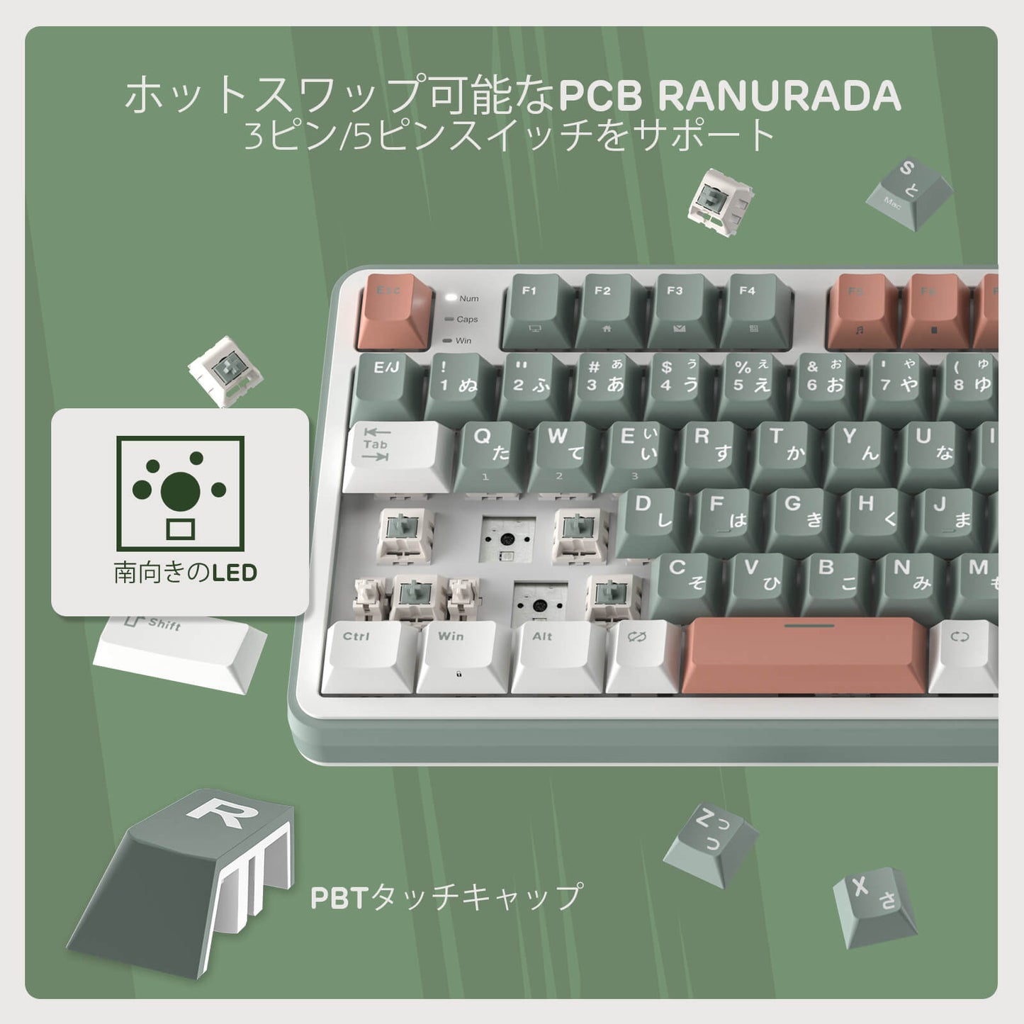 RK S98 Mechanical keyboard with keycaps and PCB components on a green background