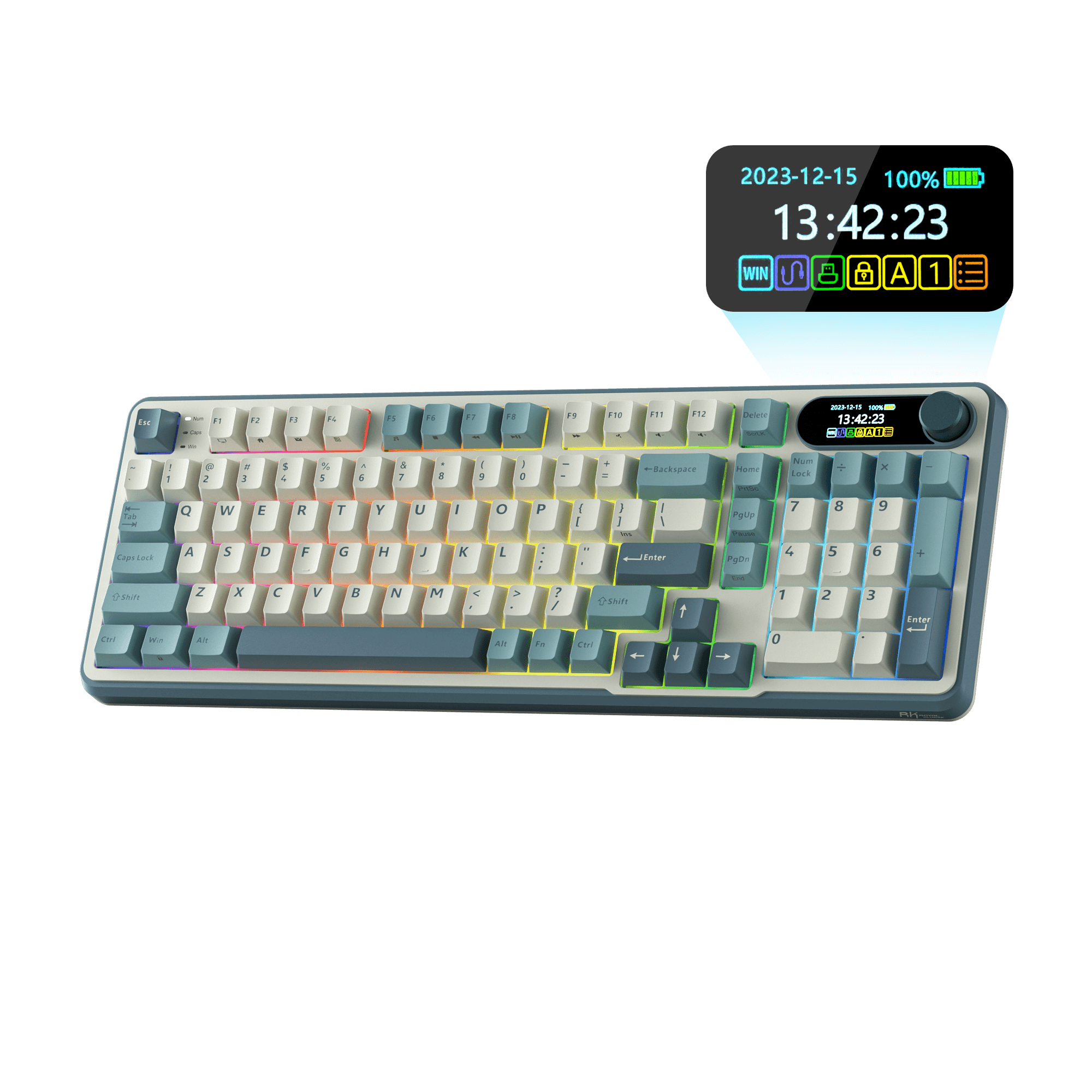 Close-up view of the RK ROYAL KLUDGE S98 Wireless Hot-Swappable RGB Keyboard in Lavender Purple with number pad, showcasing the RGB backlit keys and volume knob for media control