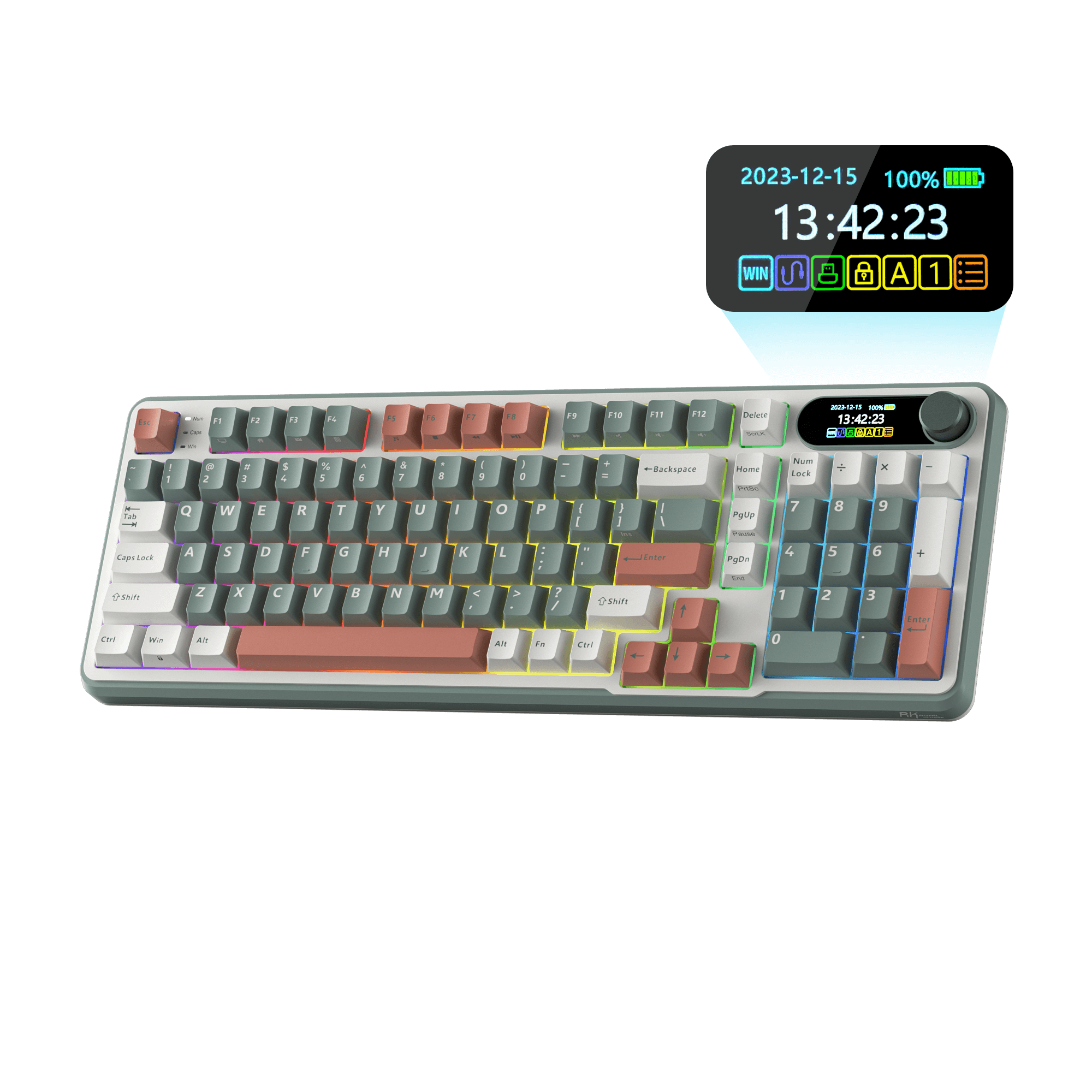 Close-up view of the RK ROYAL KLUDGE S98 Wireless Hot-Swappable RGB Keyboard in Lavender Purple with number pad, showcasing the RGB backlit keys and volume knob for media control