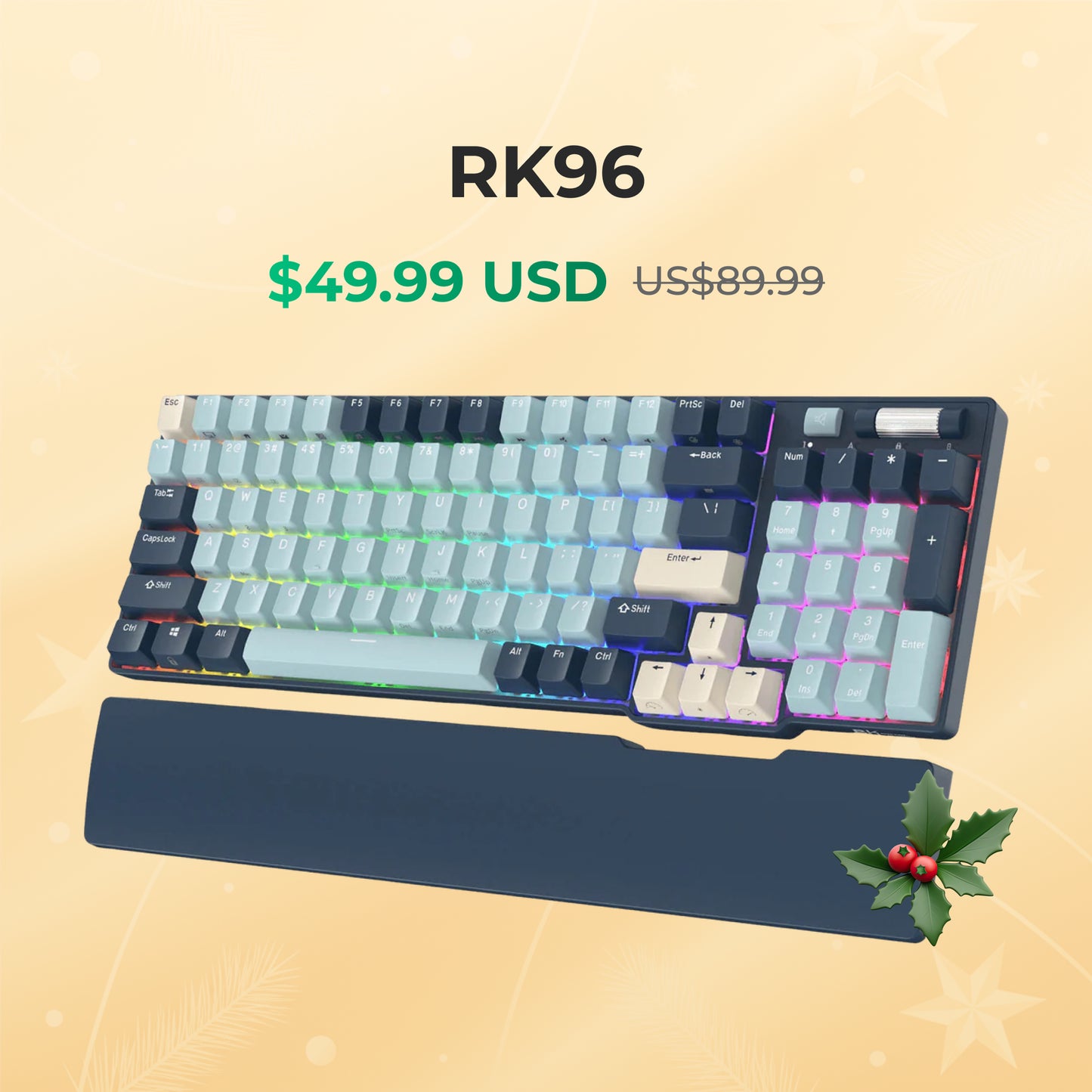 RK96 keyboard with price tags on a beige background