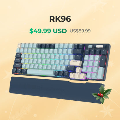 RK96 keyboard with price tags on a beige background
