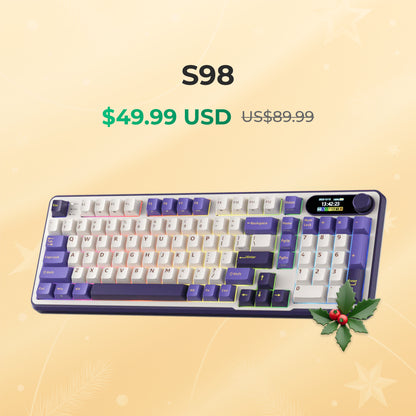 Royal Kludge RK S98 Mechanical keyboard with purple and white keys on a beige background, featuring pricing information.