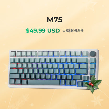 Royal Kludge RK Mechanical keyboard with 'M75' branding and price on a beige background