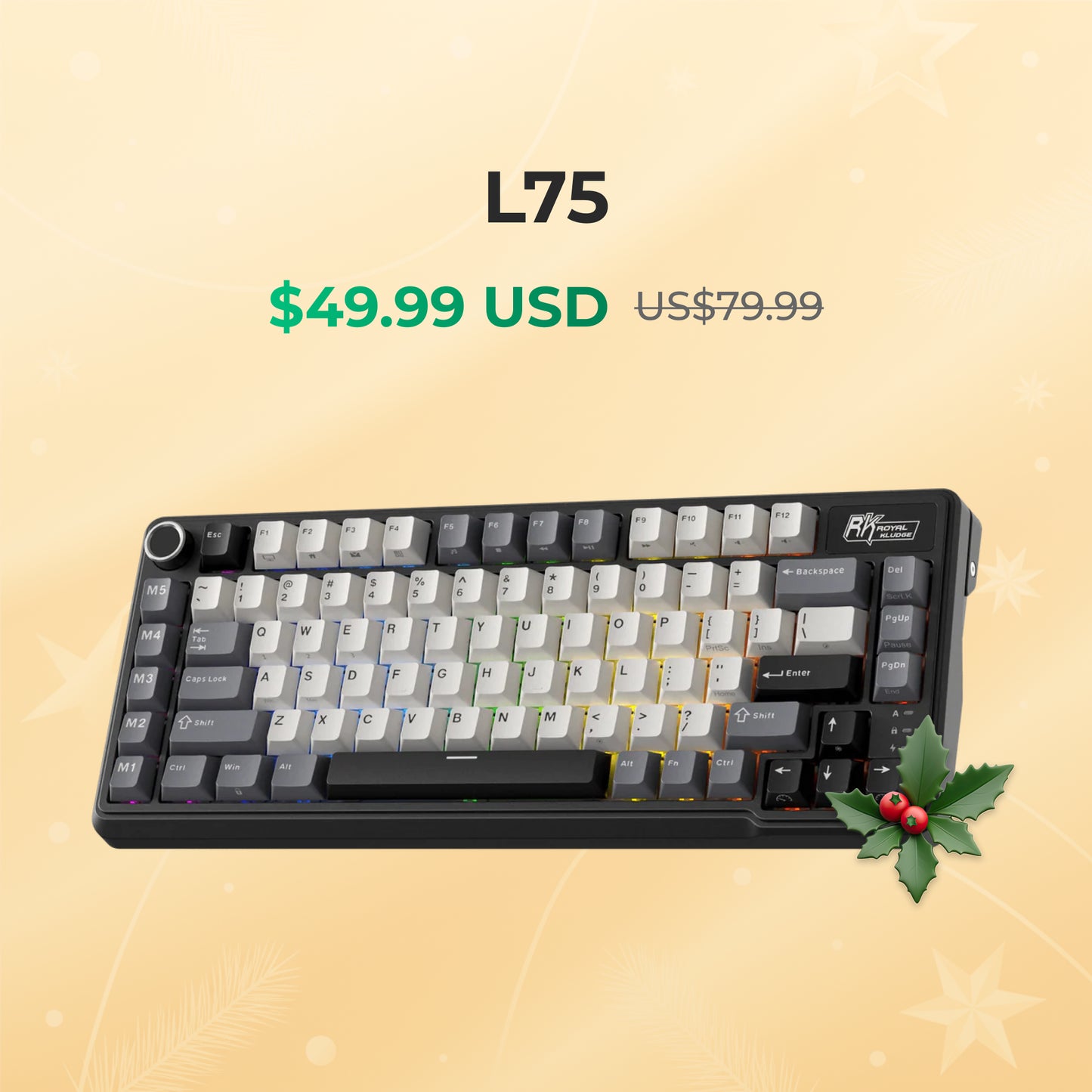 Royal Kludge RK Mechanical keyboard with price and brand name on a beige background