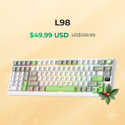 Royal Kludge RK Mechanical keyboard with green accents on a beige background, featuring price information.