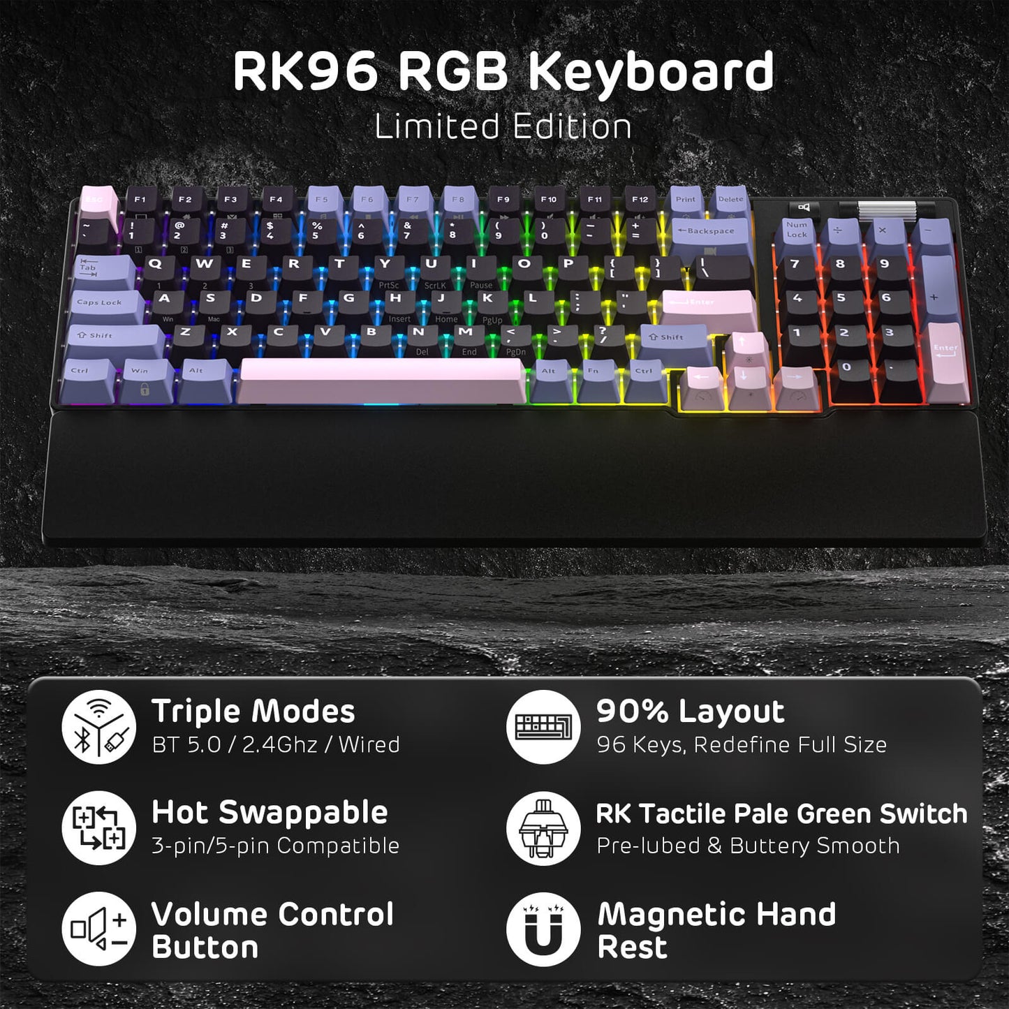 RK ROYAL KLUDGE RK96 RGB Limited Ed, 90% 96 Keys Wireless Triple Mode BT5.0/2.4G/USB-C Hot Swappable Mechanical Keyboard w/Wrist Rest, Software Support & Massive Battery