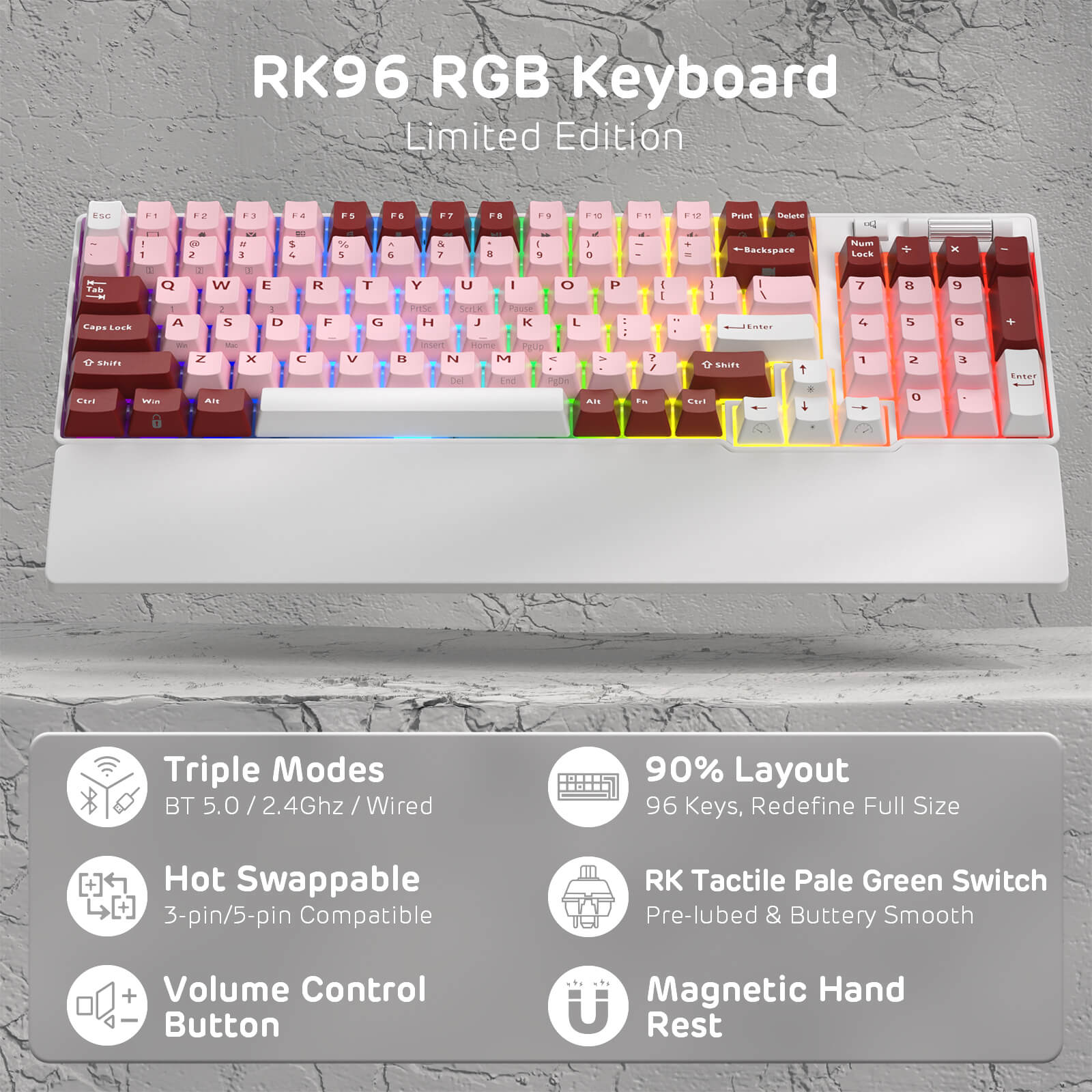 RK ROYAL KLUDGE RK96 RGB Limited Ed, 90% 96 Keys Wireless Triple Mode BT5.0/2.4G/USB-C Hot Swappable Mechanical Keyboard w/Wrist Rest, Software Support & Massive Battery