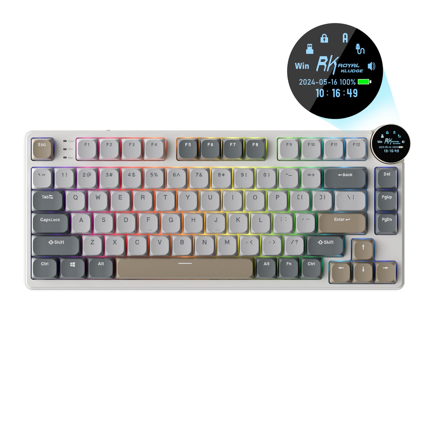 RK N80 Low Profile Mechanical Keyboard featuring display screen, compact design, and RGB backlighting, suitable for efficient work and gaming