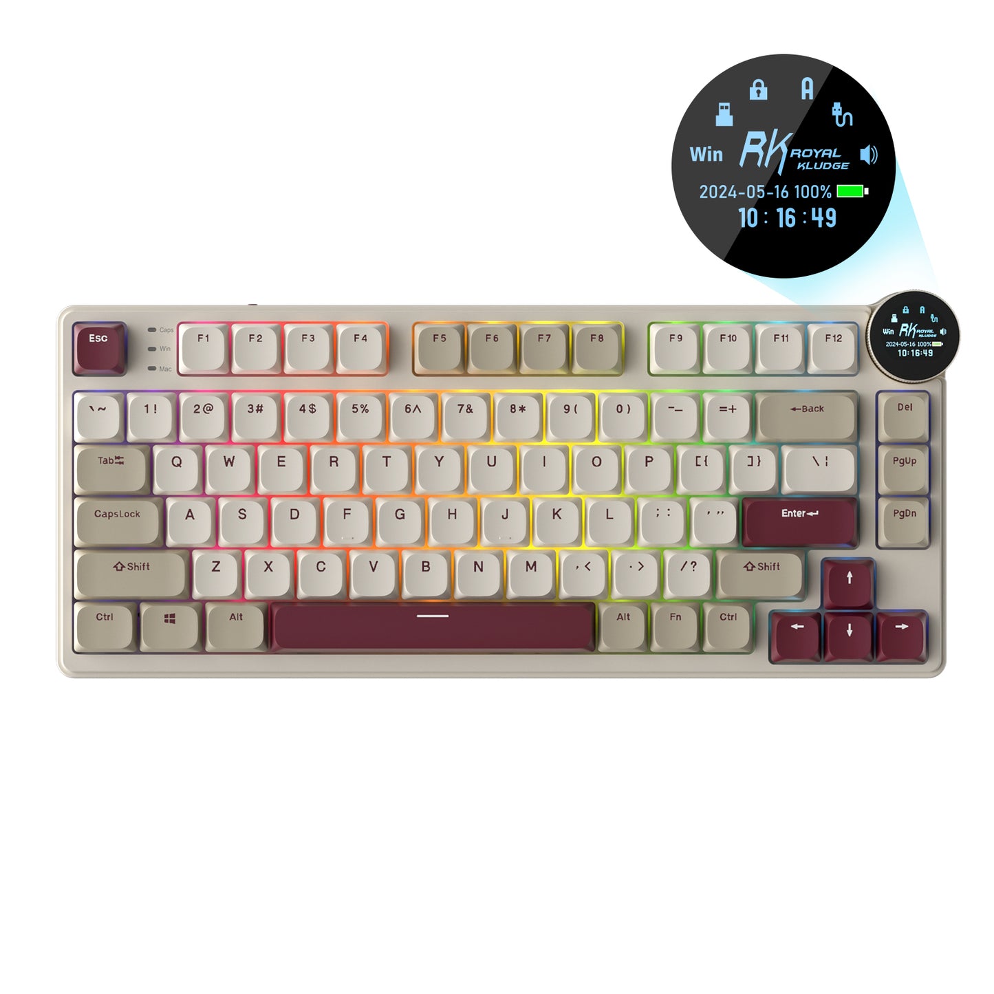 RK N80 Low Profile Mechanical Keyboard featuring display screen, compact design, and RGB backlighting, suitable for efficient work and gaming