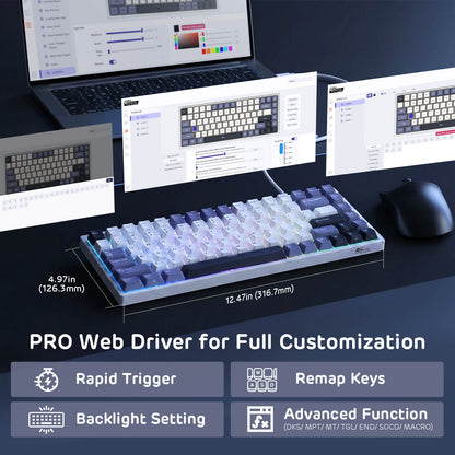 Keyboard with computer setup, showing web driver customization interface on screens.