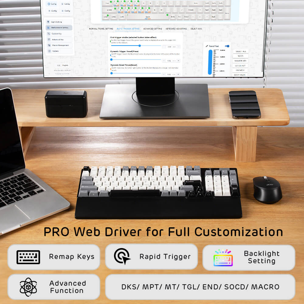 Wooden desk setup with computer monitor, keyboard, mouse, and laptop on a wooden surface.