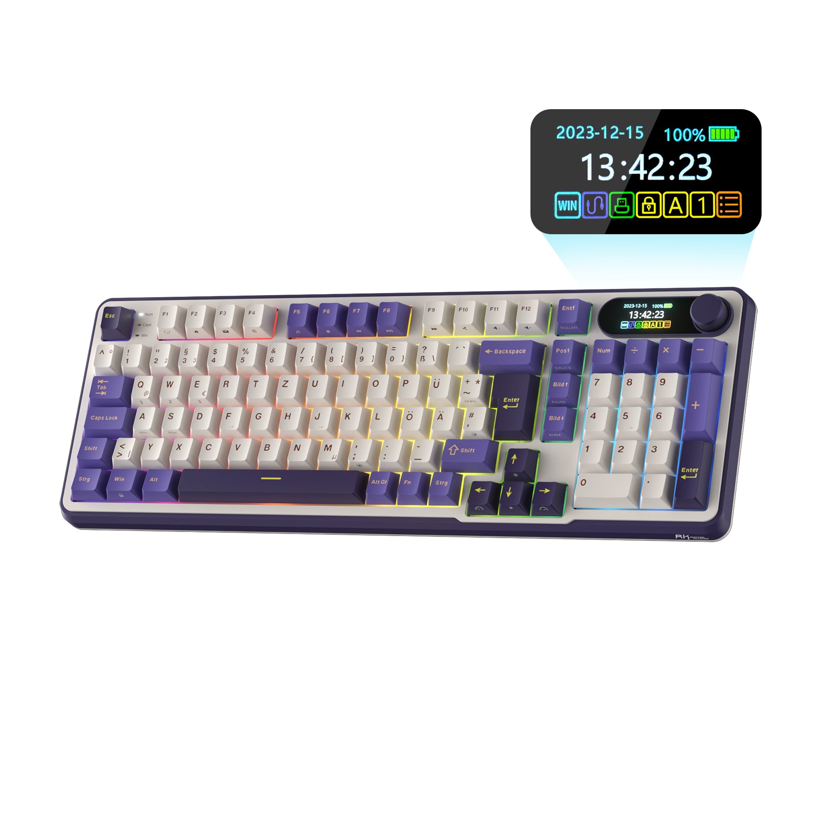 RK ROYAL KLUDGE S98 Mechanische Tastatur mit Smart Display & Knopf, Top Mount 96% Kabellose Mechanische Tastatur BT/2.4G/USB-C, Hot-Swap-fähige, Software-Unterstützung, Massiver Akku, 98 Tasten 