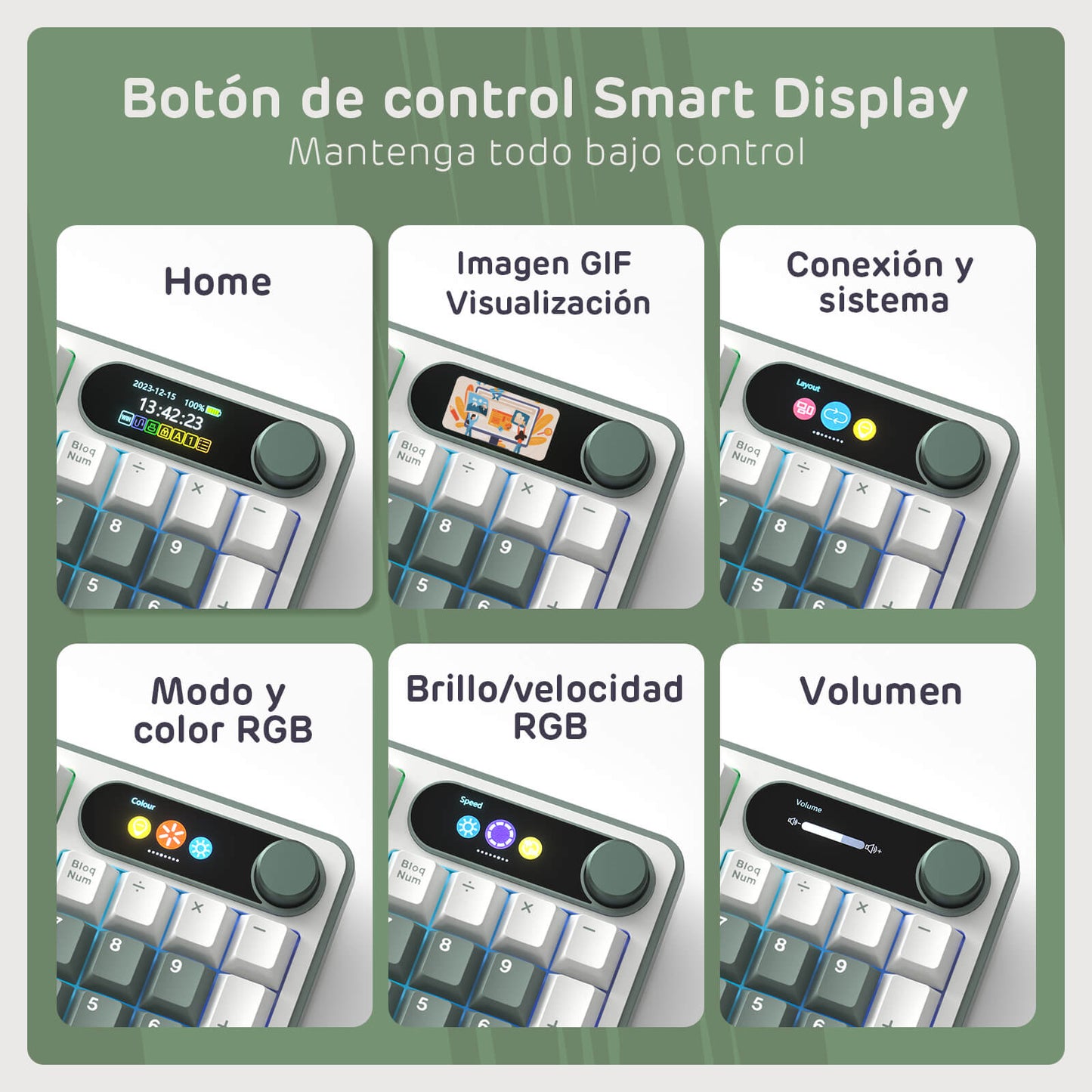 Smart display control button with various functions on a green background