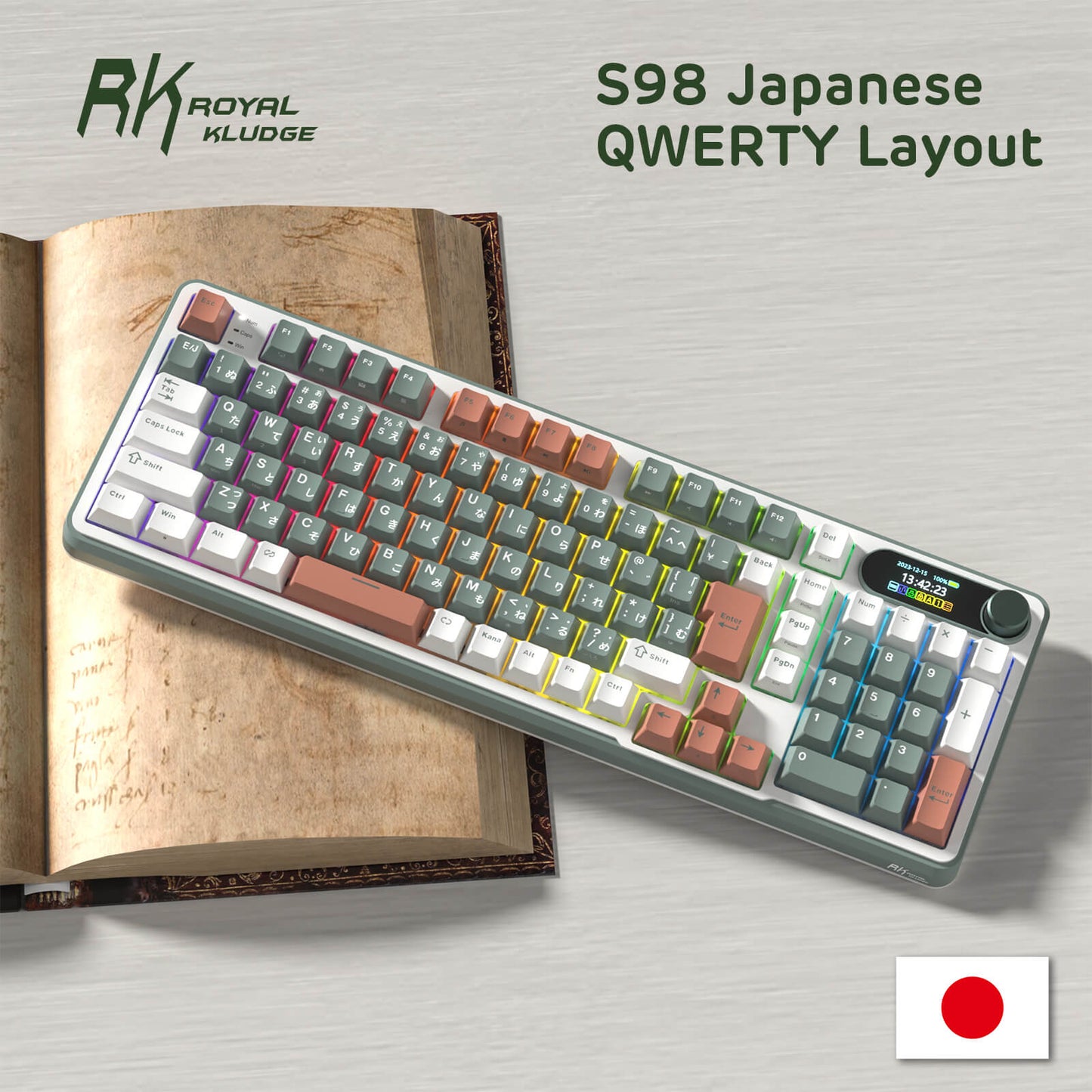 RK S98 Mechanical keyboard with Japanese QWERTY layout on a light gray background, featuring the RK Royal Kludge brand.
