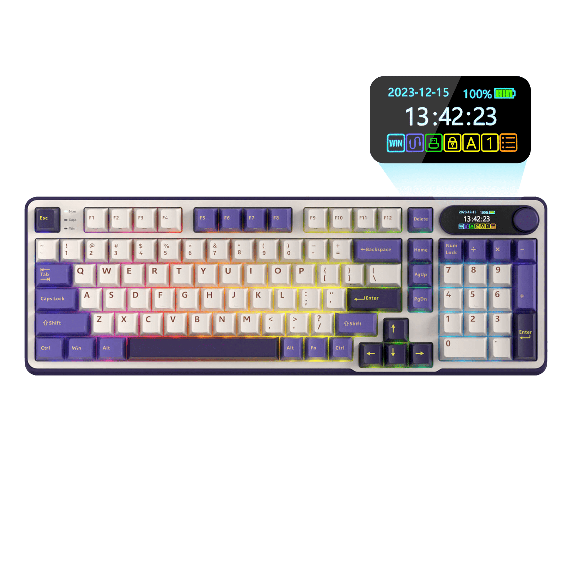 Close-up view of the RK ROYAL KLUDGE S98 Wireless Hot-Swappable RGB Keyboard in Lavender Purple with number pad, showcasing the RGB backlit keys and volume knob for media control