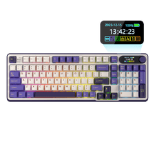 Close-up view of the RK ROYAL KLUDGE S98 Wireless Hot-Swappable RGB Keyboard in Lavender Purple with number pad, showcasing the RGB backlit keys and volume knob for media control