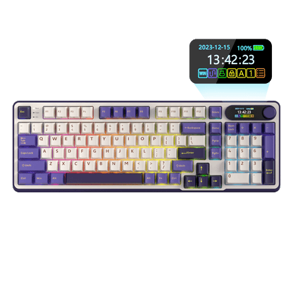 Close-up view of the RK ROYAL KLUDGE S98 Wireless Hot-Swappable RGB Keyboard in Lavender Purple with number pad, showcasing the RGB backlit keys and volume knob for media control