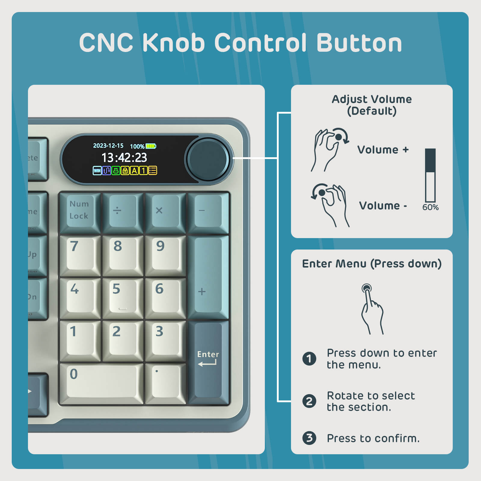 Overview of the CNC knob control button on the Royal Kludge S98 keyboard Sky Blue, illustrating volume adjustment and menu navigation features with clear instructions for use