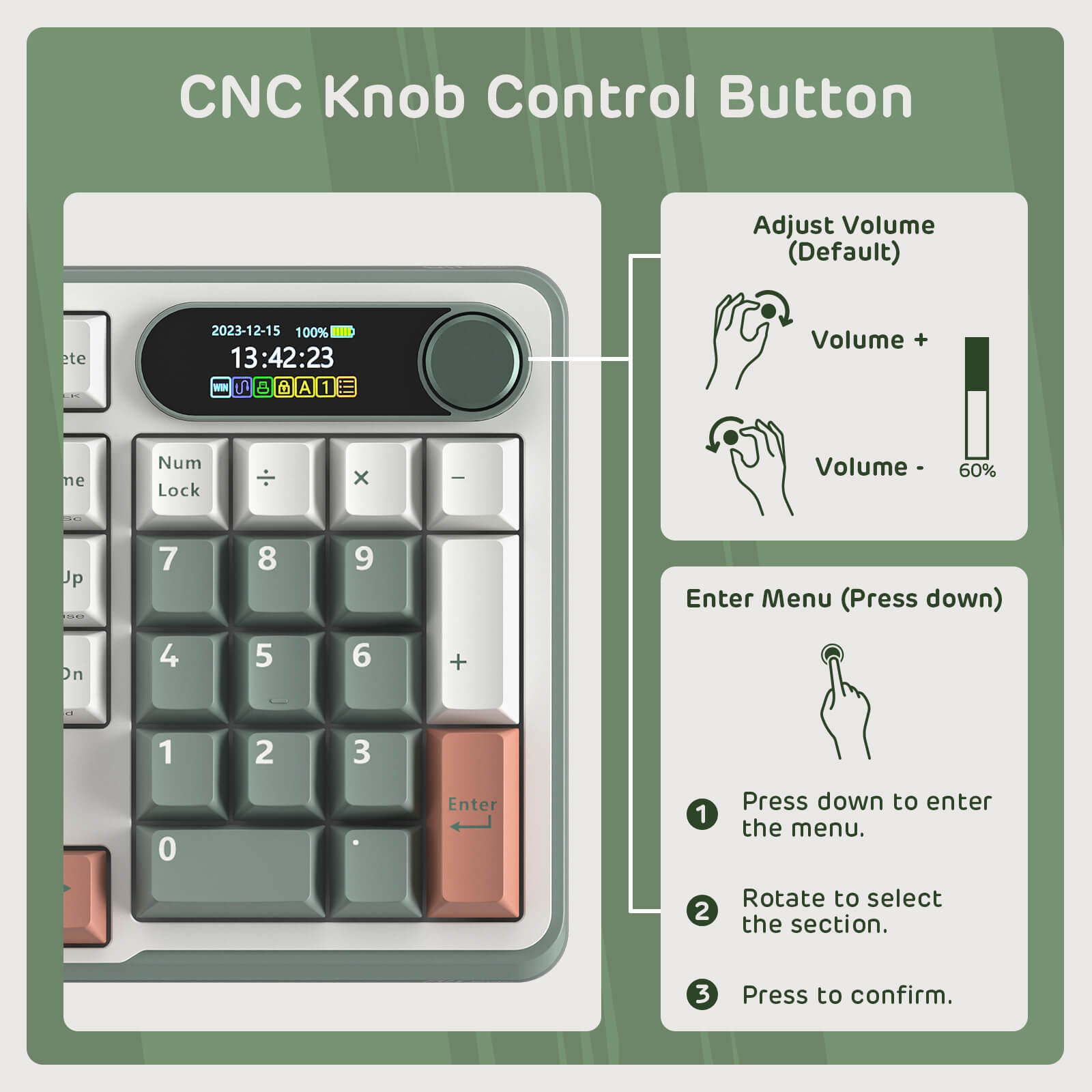 Overview of the CNC knob control button on the Royal Kludge S98 keyboard Clay Green, illustrating volume adjustment and menu navigation features with clear instructions for use