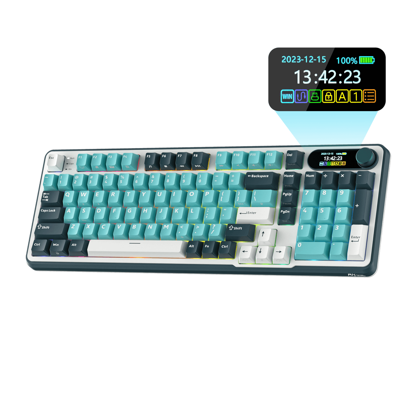 Close-up view of the RK ROYAL KLUDGE S98 Wireless Hot-Swappable RGB Keyboard in Sky Blue with number pad, showcasing the RGB backlit keys and volume knob for media control