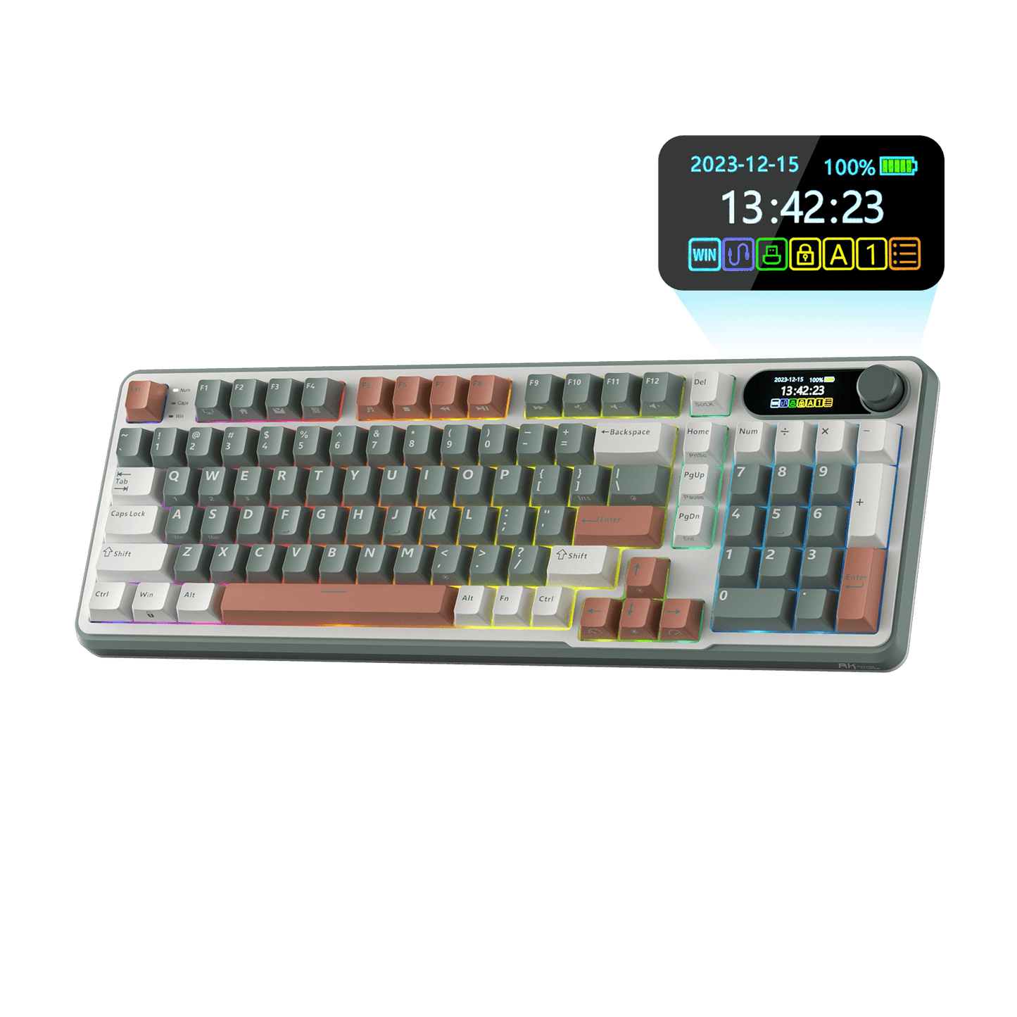 Close-up view of the RK ROYAL KLUDGE S98 Wireless Hot-Swappable RGB Keyboard in Clay Green with number pad, showcasing the RGB backlit keys and volume knob for media control