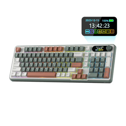 Close-up view of the RK ROYAL KLUDGE S98 Wireless Hot-Swappable RGB Keyboard in Clay Green with number pad, showcasing the RGB backlit keys and volume knob for media control