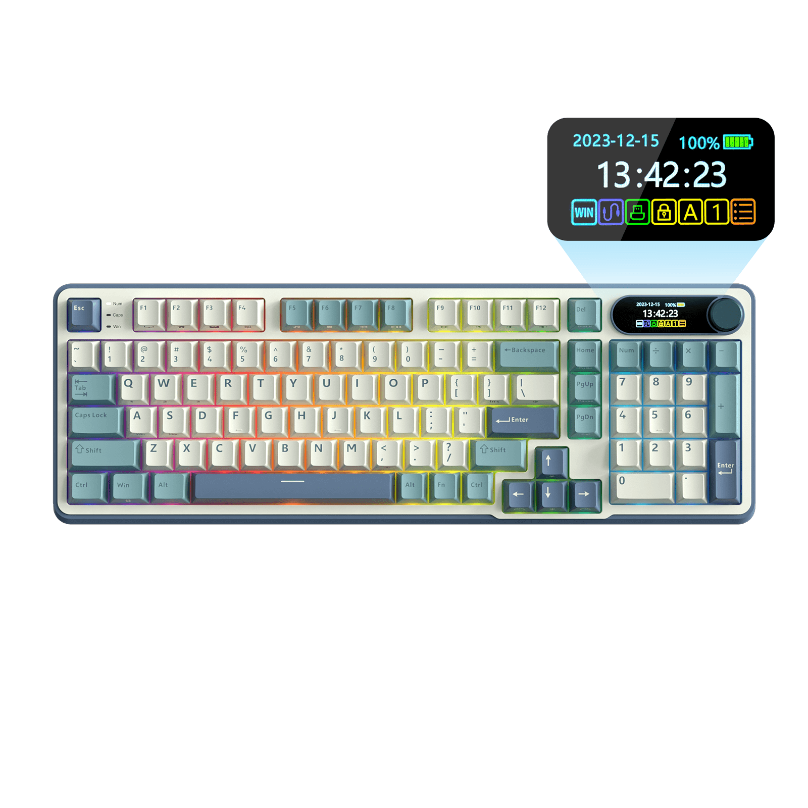 Close-up view of the RK ROYAL KLUDGE S98 Wireless Hot-Swappable RGB Keyboard in Sky Blue with number pad, showcasing the RGB backlit keys and volume knob for media control