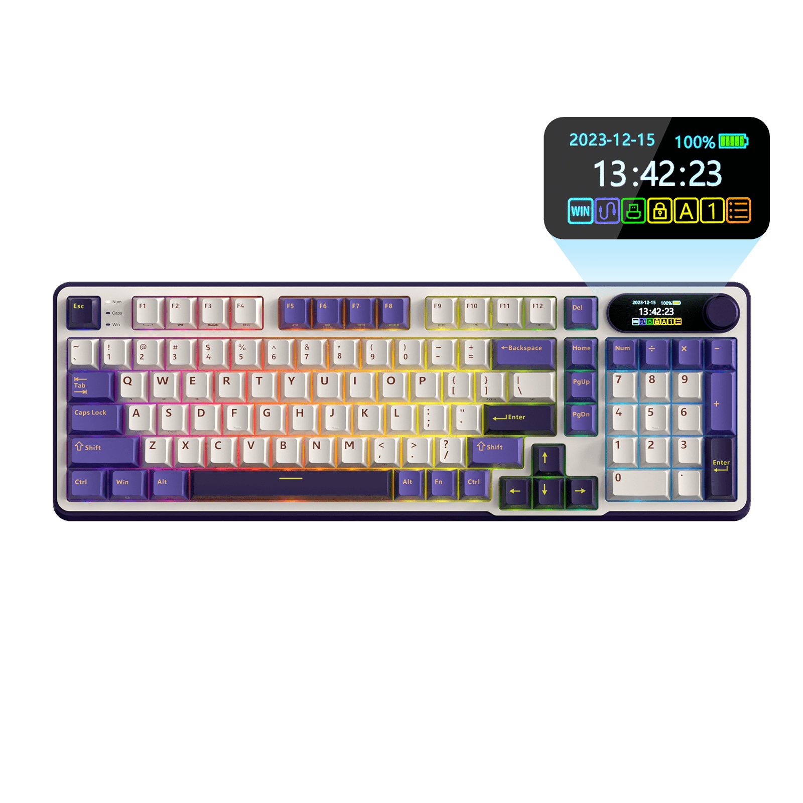 Close-up view of the RK ROYAL KLUDGE S98 Wireless Hot-Swappable RGB Keyboard in Lavender Purple with number pad, showcasing the RGB backlit keys and volume knob for media control