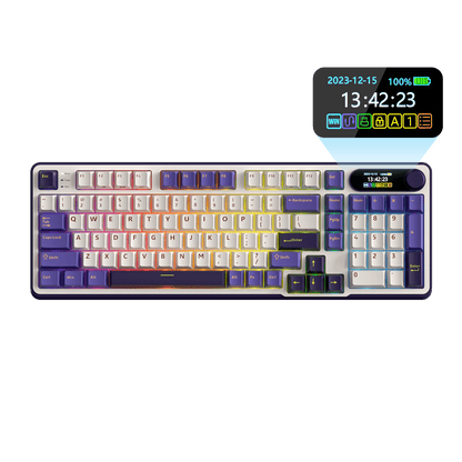 Close-up view of the RK ROYAL KLUDGE S98 Wireless Hot-Swappable RGB Keyboard in Lavender Purple with number pad, showcasing the RGB backlit keys and volume knob for media control