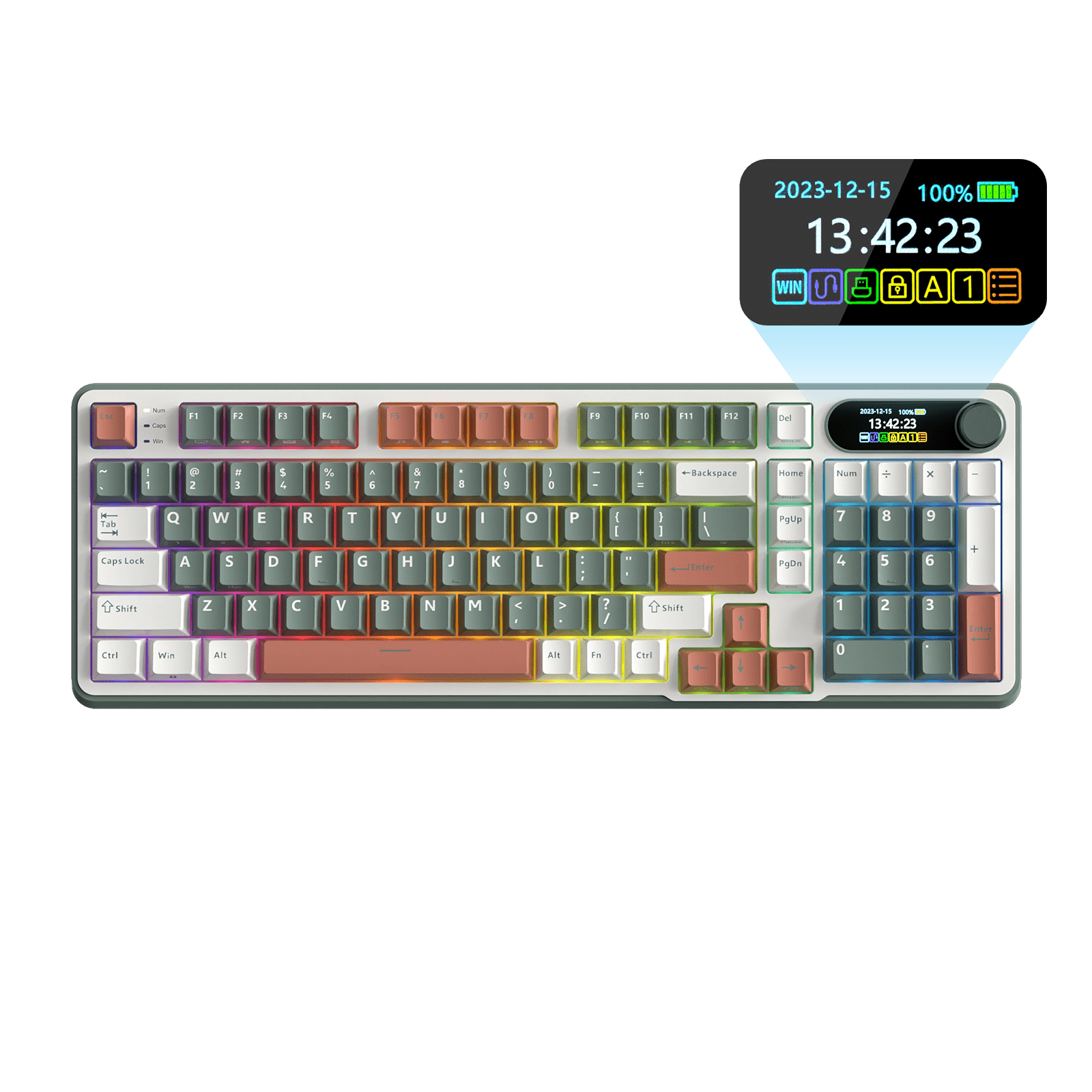 Close-up view of the RK ROYAL KLUDGE S98 Wireless Hot-Swappable RGB Keyboard in Clay Green with number pad, showcasing the RGB backlit keys and volume knob for media control