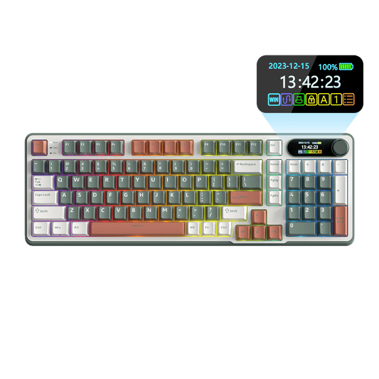 Close-up view of the RK ROYAL KLUDGE S98 Wireless Hot-Swappable RGB Keyboard in Clay Green with number pad, showcasing the RGB backlit keys and volume knob for media control