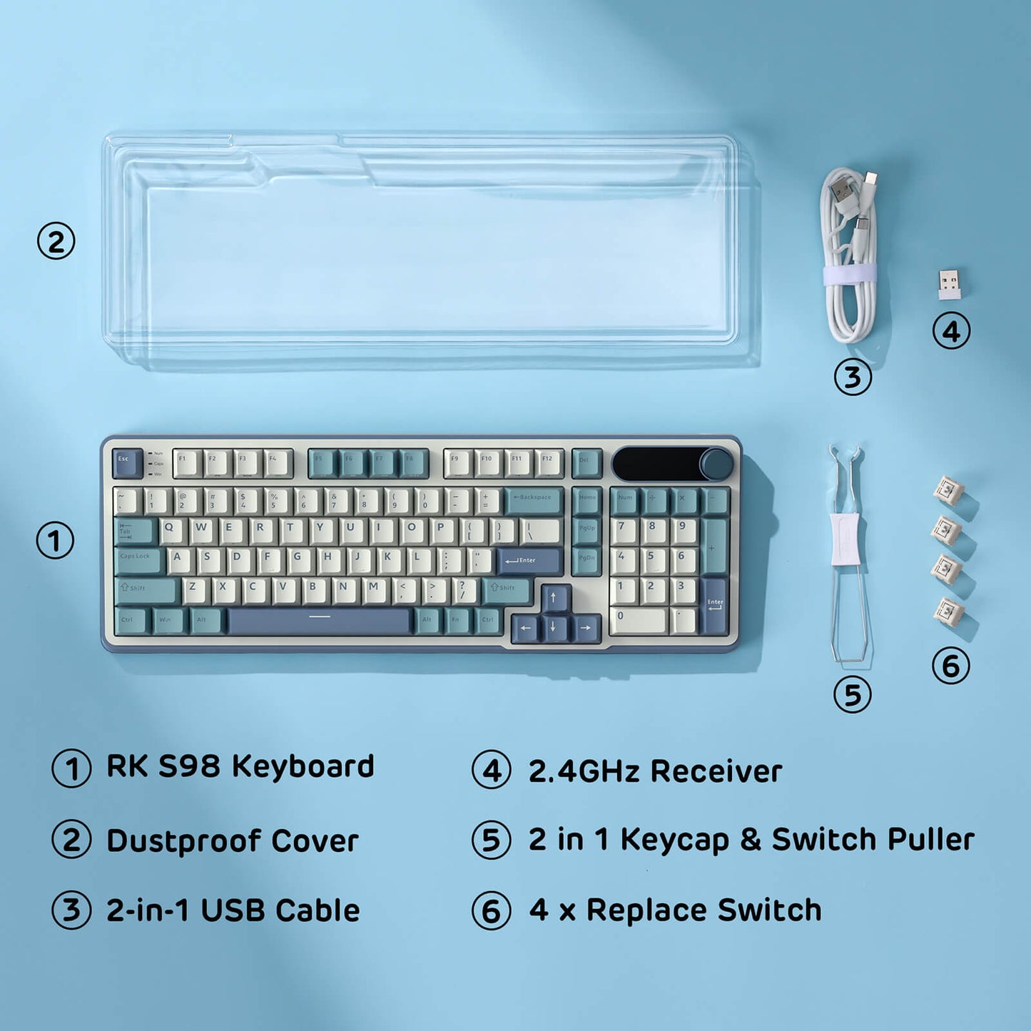 RK S98 keyboard set with dustproof cover, 2.4GHz receiver, USB cable, keycap & switch puller, and replace switches on a blue background.