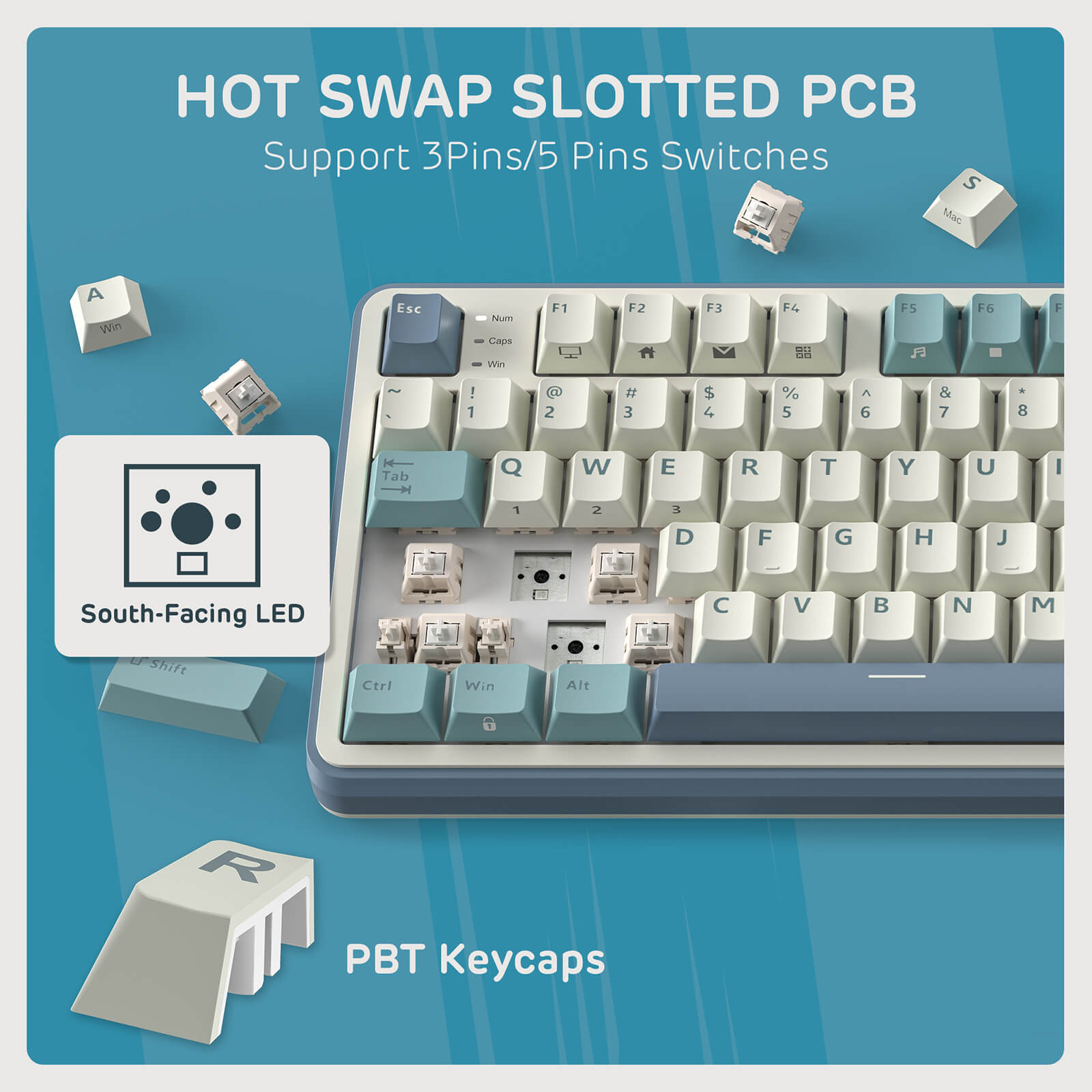 RK Royal Kludge S98 Mechanical keyboard with hot swap slotted PCB and PBT keycaps on a blue background