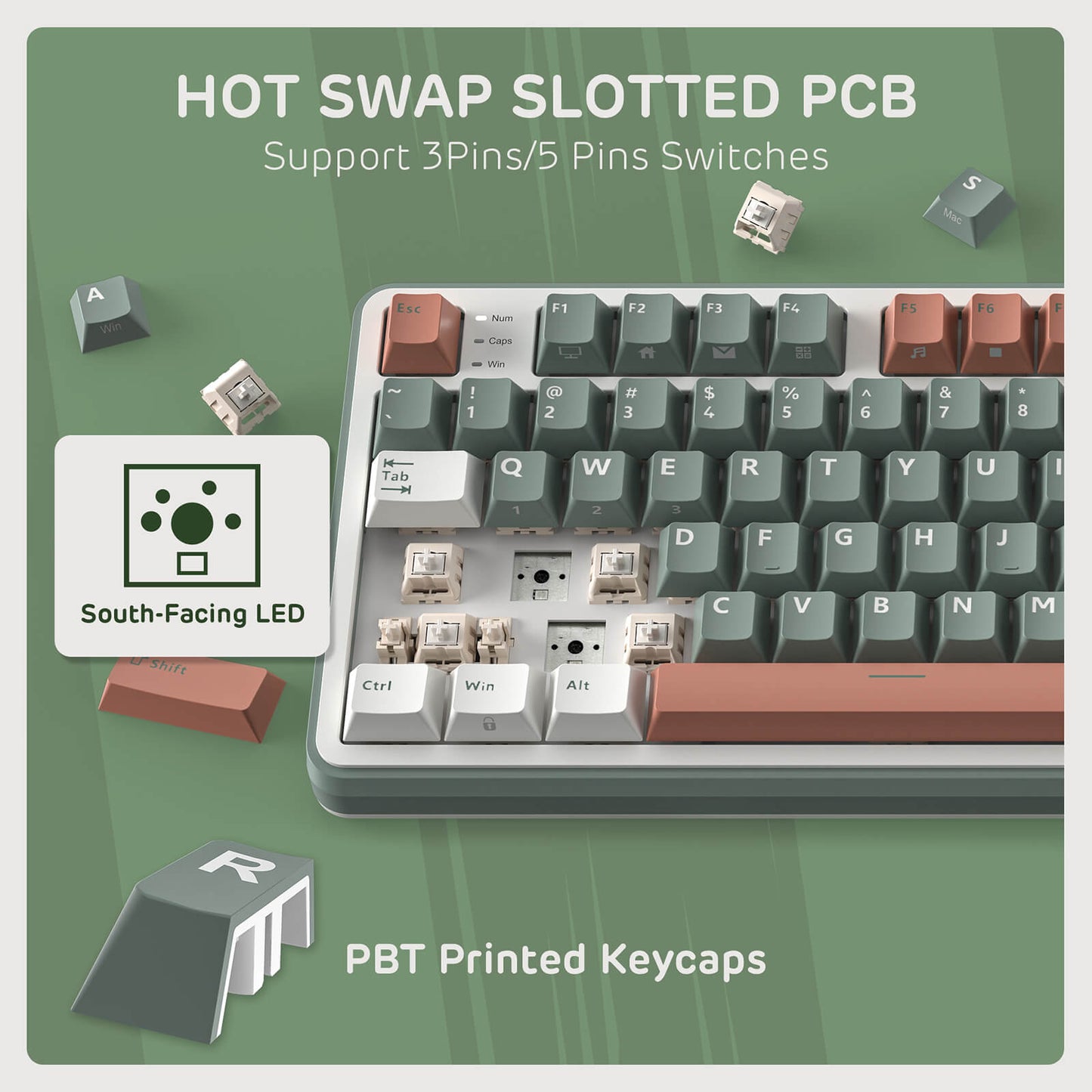 RK Royal Kludge S98 Mechanical keyboard with keycaps and PCB components on a green background