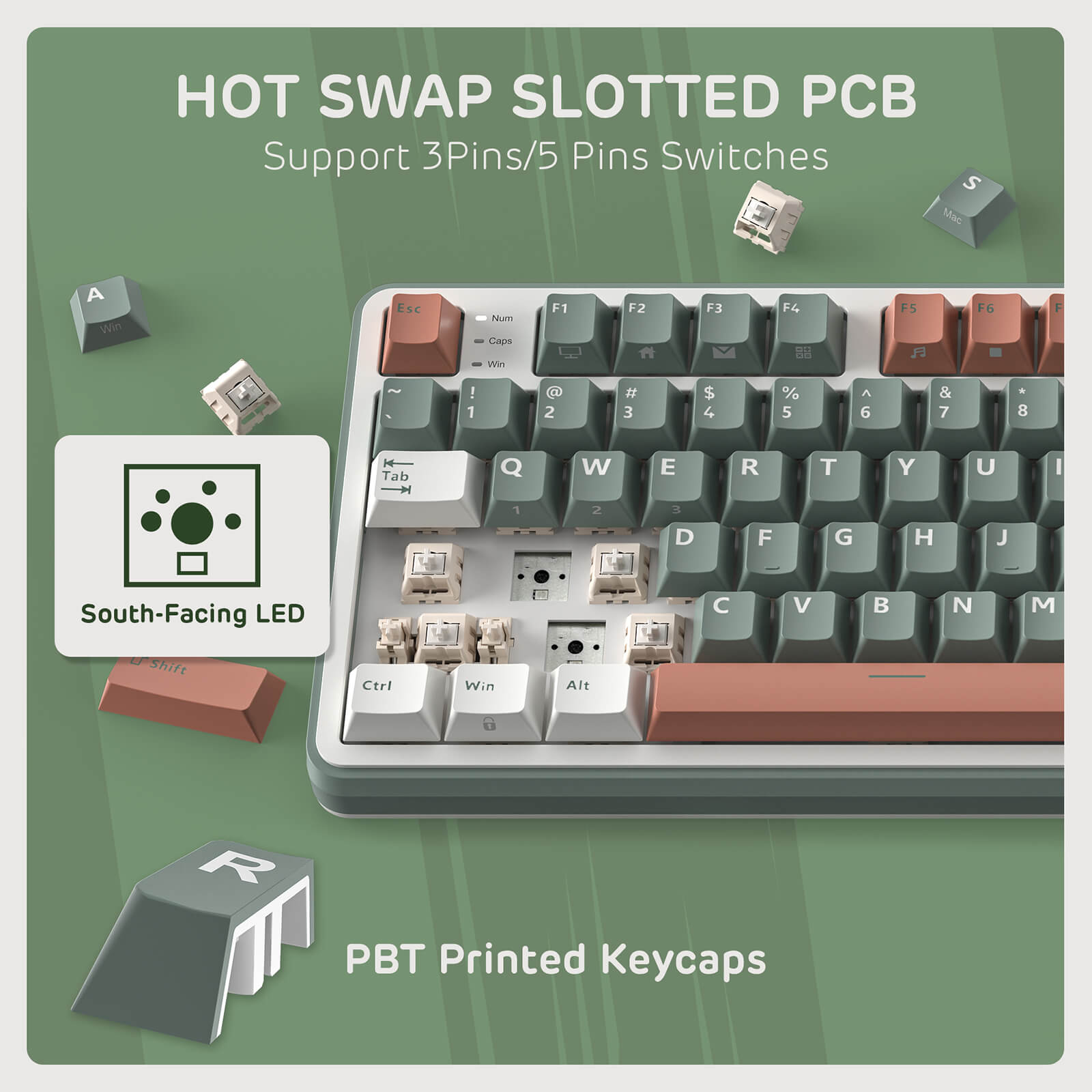 RK Royal Kludge S98 Mechanical keyboard with keycaps and PCB components on a green background