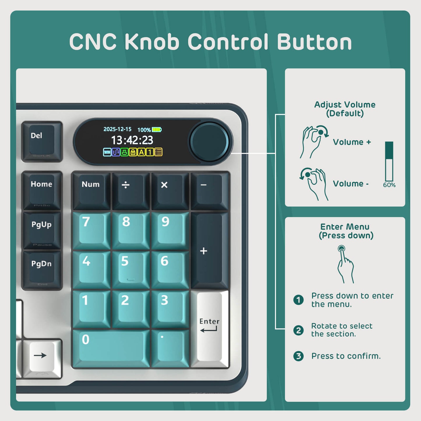 CNC knob control button with digital display and keypad on a green background