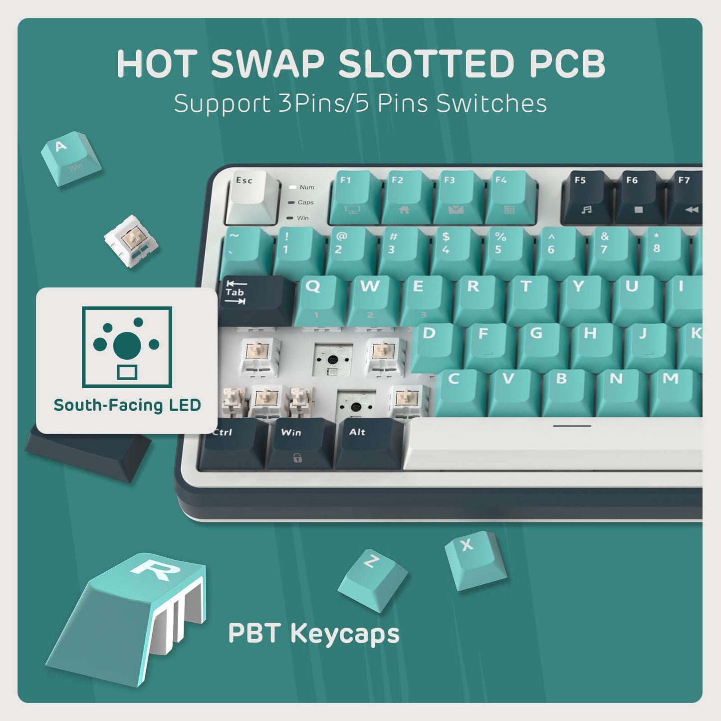 RK Royal Kludge S98 Keyboard with turquoise keycaps on a green background, featuring text about hot swap slotted PCB and PBT keycaps.