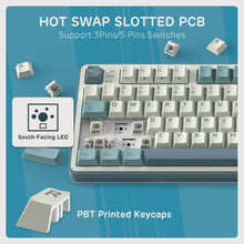 Load image into Gallery viewer, Royal Kludge S98 wireless mechanical keyboard Lavender Purple featuring a hot-swap slotted PCB, supporting 3-pin and 5-pin switches, with south-facing LEDs and PBT side-printed keycaps
