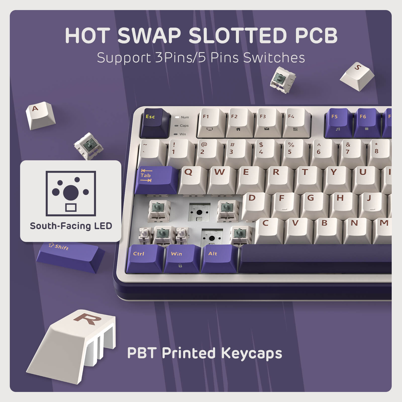 Royal Kludge S98 wireless mechanical keyboard Lavender Purple featuring a hot-swap slotted PCB, supporting 3-pin and 5-pin switches, with south-facing LEDs and PBT side-printed keycaps