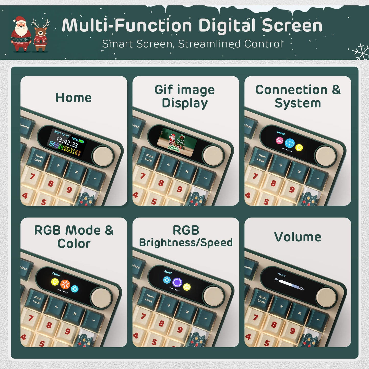 Multi-function digital screen with various control options on a festive background