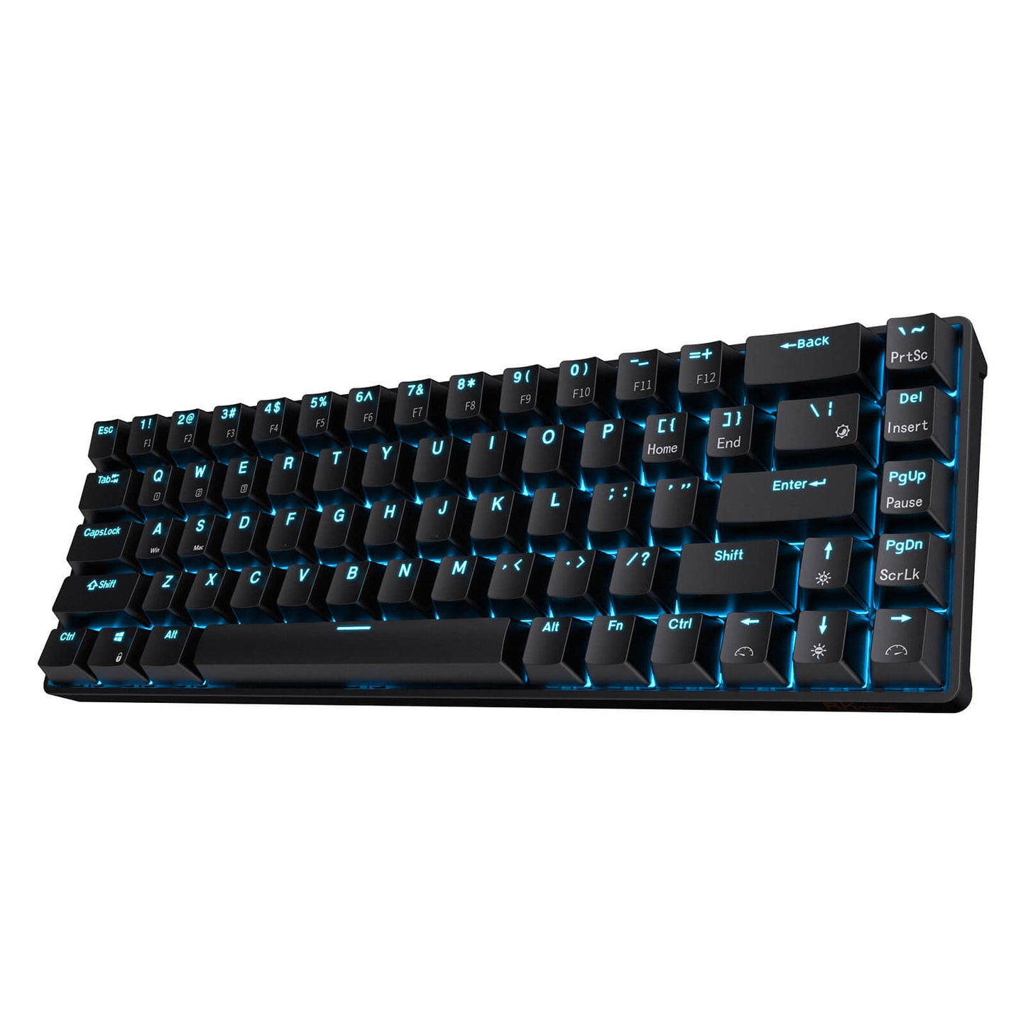 RK68 65% Black Wireless Mechanical Keyboard in White with Blue LED Backlight, featuring compact design with arrow and control keys