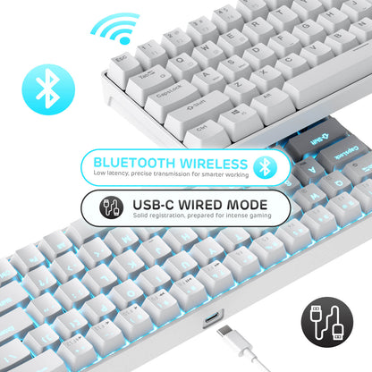 RK68 65% Wireless Mechanical Keyboard showing dual connection modes: Bluetooth and Wired USB-C, with multi-device support