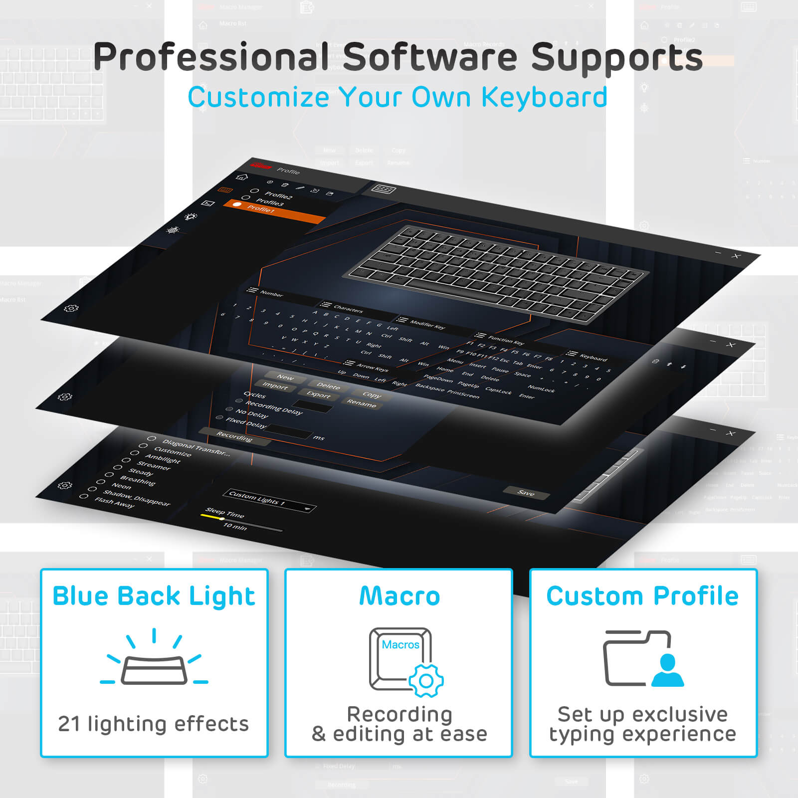 RK84 Blue backlit mechanical gaming keyboard professional software supports