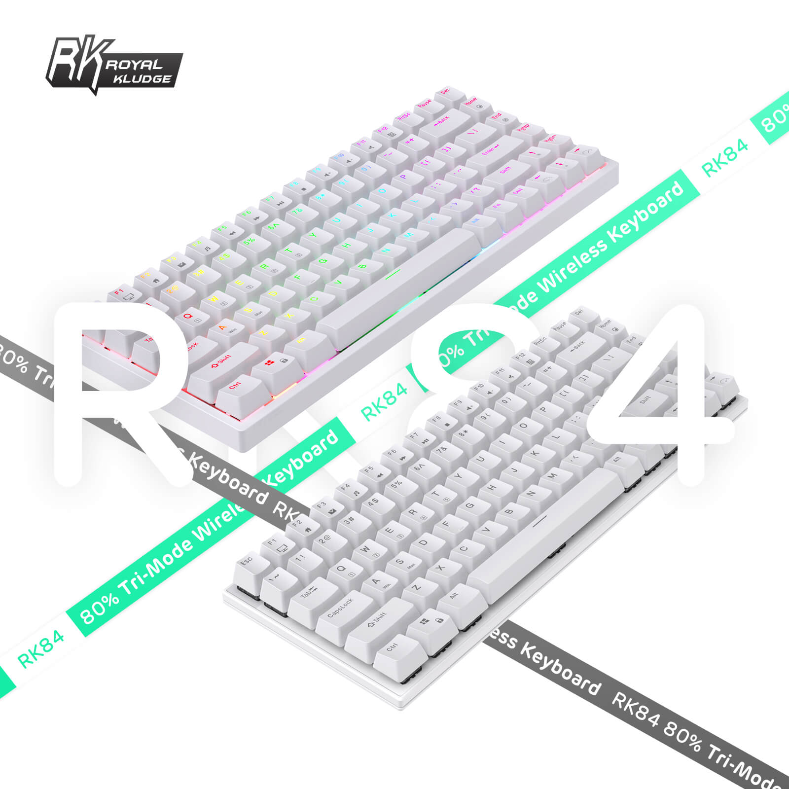 Two Royal Kludge RK84 keyboards displayed side by side, featuring a sleek white design with vibrant RGB lighting. The image highlights the keyboard's tri-mode wireless capability and 80% layout, emphasizing its modern aesthetics and functionality