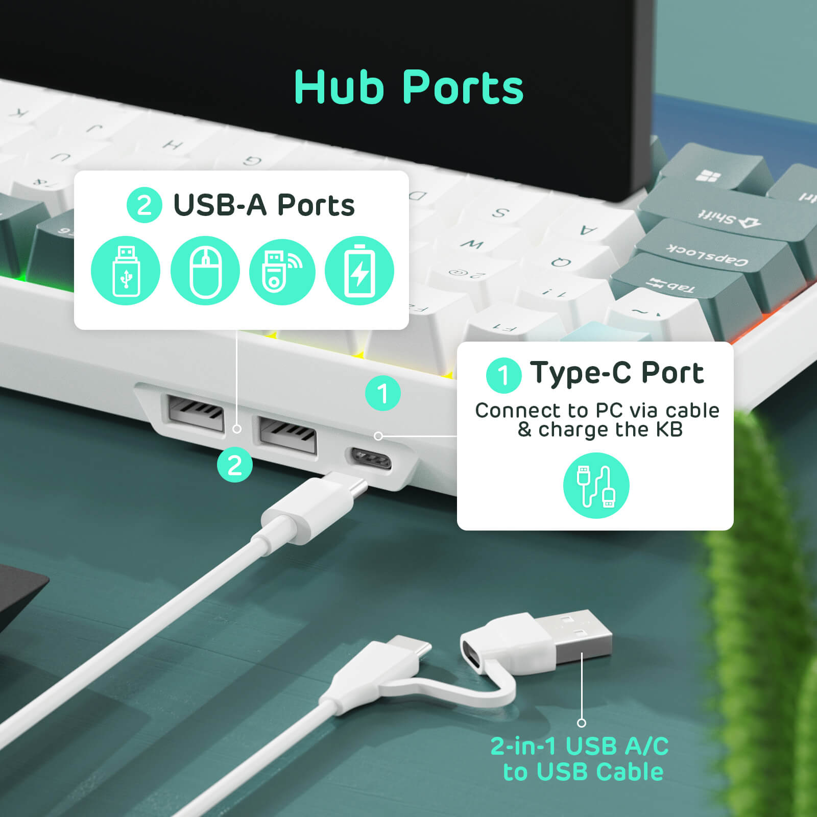 hot swappable keyboard with hub deign, 2 USB-A Ports and 1 Type-C Port