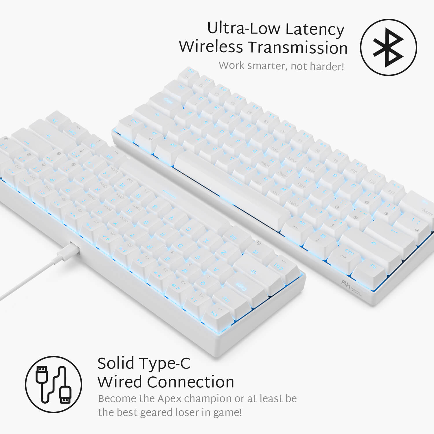 Royal Kludge RK61 61 Keys Mechanical Gaming Keyboard bluetooth Wired Dual Mode Bluetooth Keyboard White Red Switch