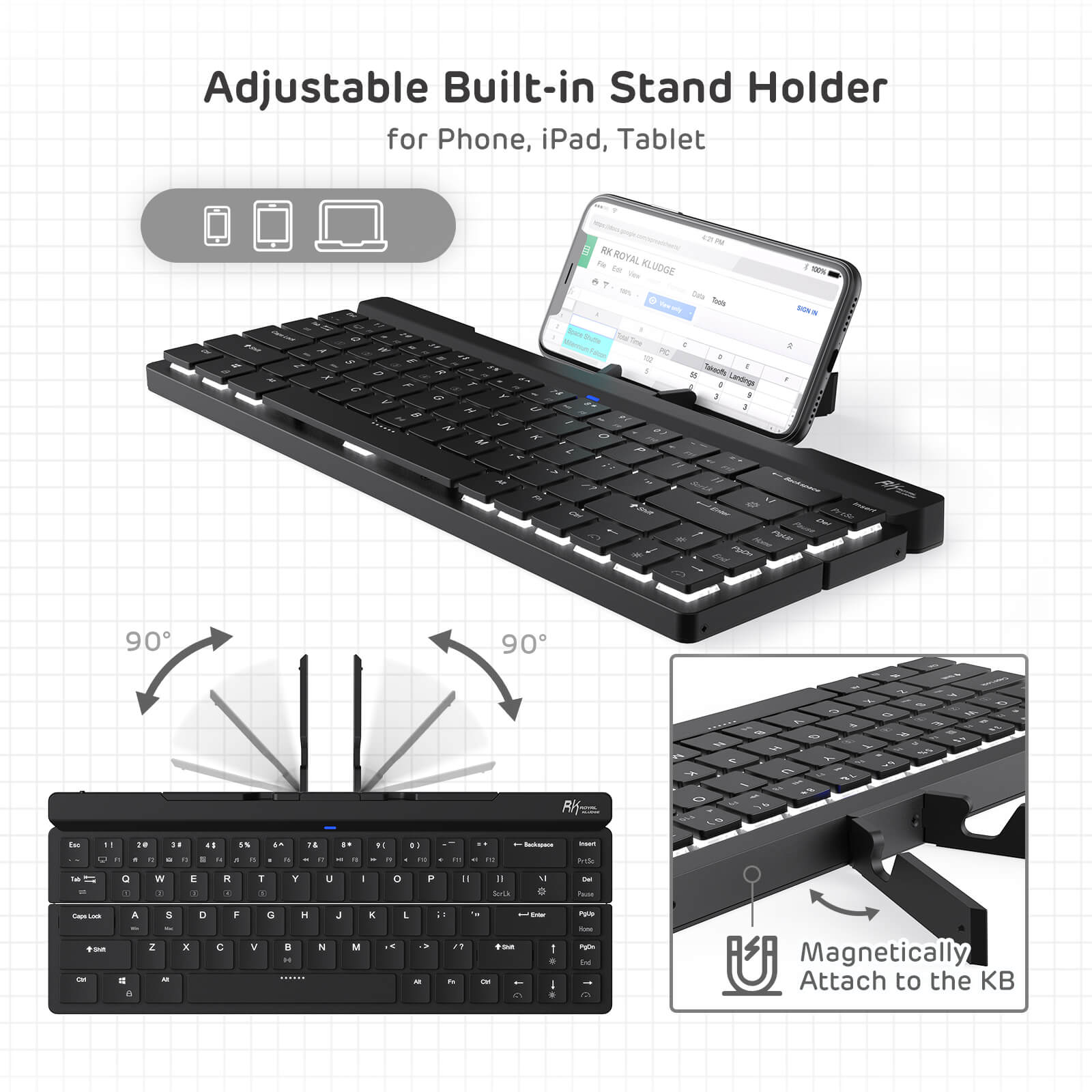 Foldable keyboard Wireless with adjustable built in stand holder